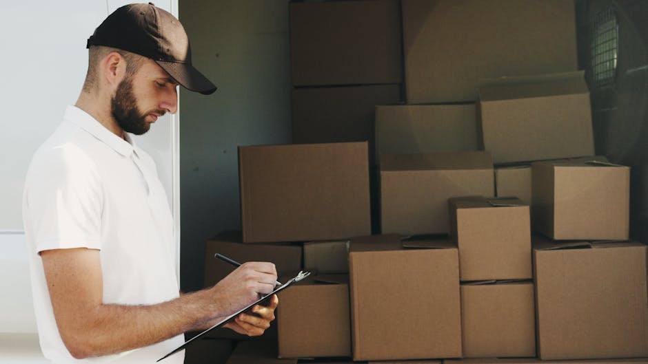 A man with a beard, wearing a white polo shirt and a dark cap, is standing next to a wall of stacked cardboard moving boxes inside a property. He is holding a clipboard and pen, appearing to check or record details related to the packing or loading process. The boxes vary in size and are arranged neatly on top of each other, some with packing tape visible. The setting is well-lit, with natural light coming from the left side, highlighting the man and the boxes. This scene depicts a typical home relocation or furniture transport preparation, as part of professional removals services offered by Man and Van Highbury. The background shows a blurred indoor environment, and the overall image emphasizes careful organization and planning involved in house removals and packing during moving days.