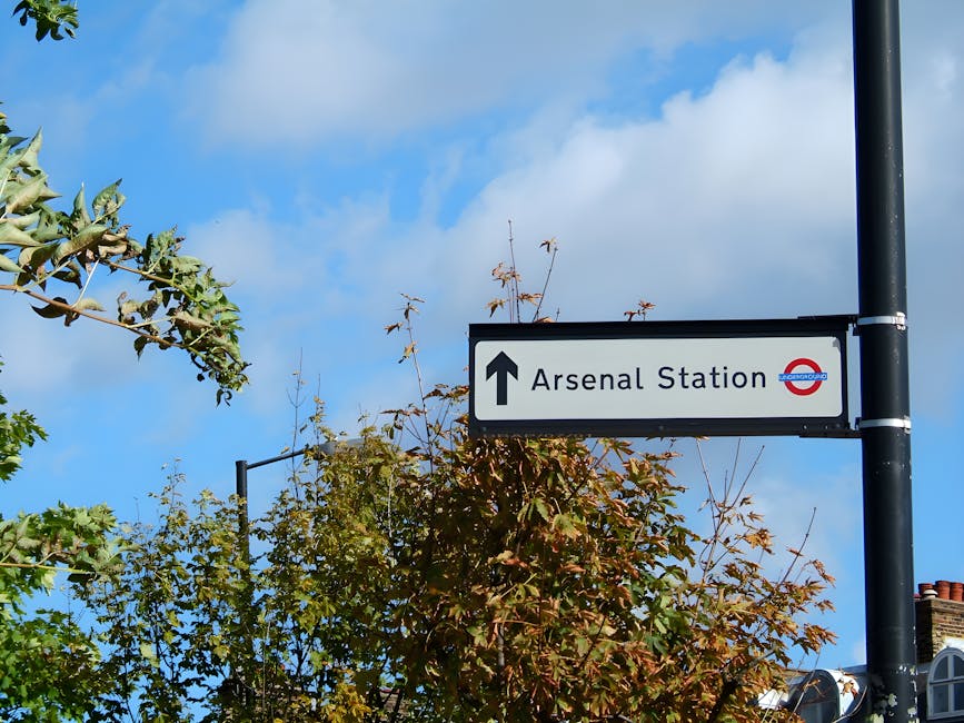 A black multi-directional street signpost with white lettering and pictograms, situated outdoors against a background of green leafy trees and a cloudy sky. The signs point to various local destinatio