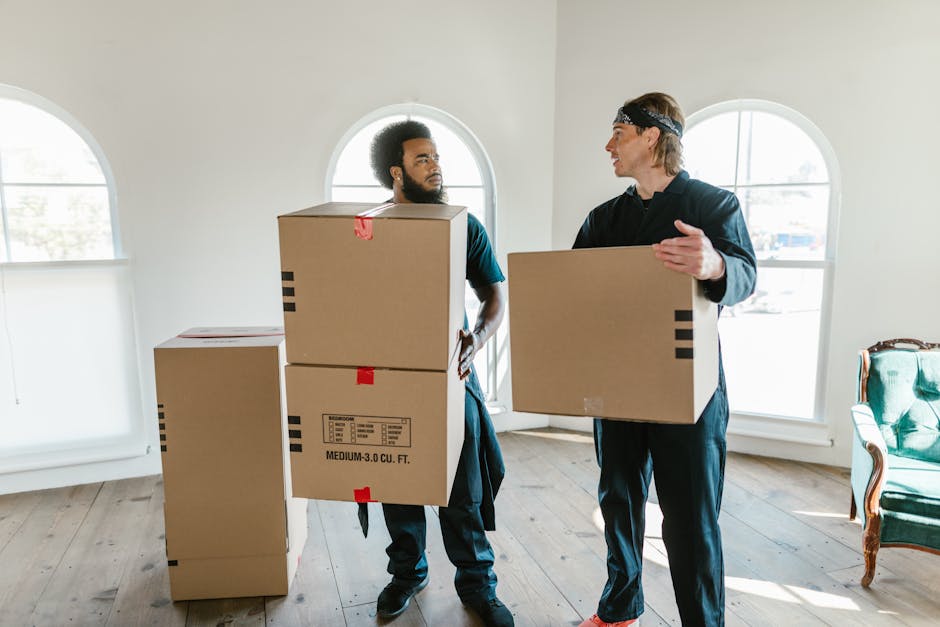Two men engaged in a home relocation process inside a well-lit room with large arched windows. The man on the left, with curly dark hair and a beard, is holding a medium-sized cardboard box with red tape and a shipping label, standing near two other boxes stacked on the wooden floor. The man on the right, with straight, light-colored hair and wearing a headband, is wearing dark clothing and carrying another cardboard box. In the background, a green upholstered armchair is partially visible along with the bright natural light coming through the windows, indicating an interior space prepared for furniture transport. The scene demonstrates the packing and loading process typical of removals, with visible packaging materials and careful handling of household items, connected to professional removals services such as those offered by Man and Van Highbury.